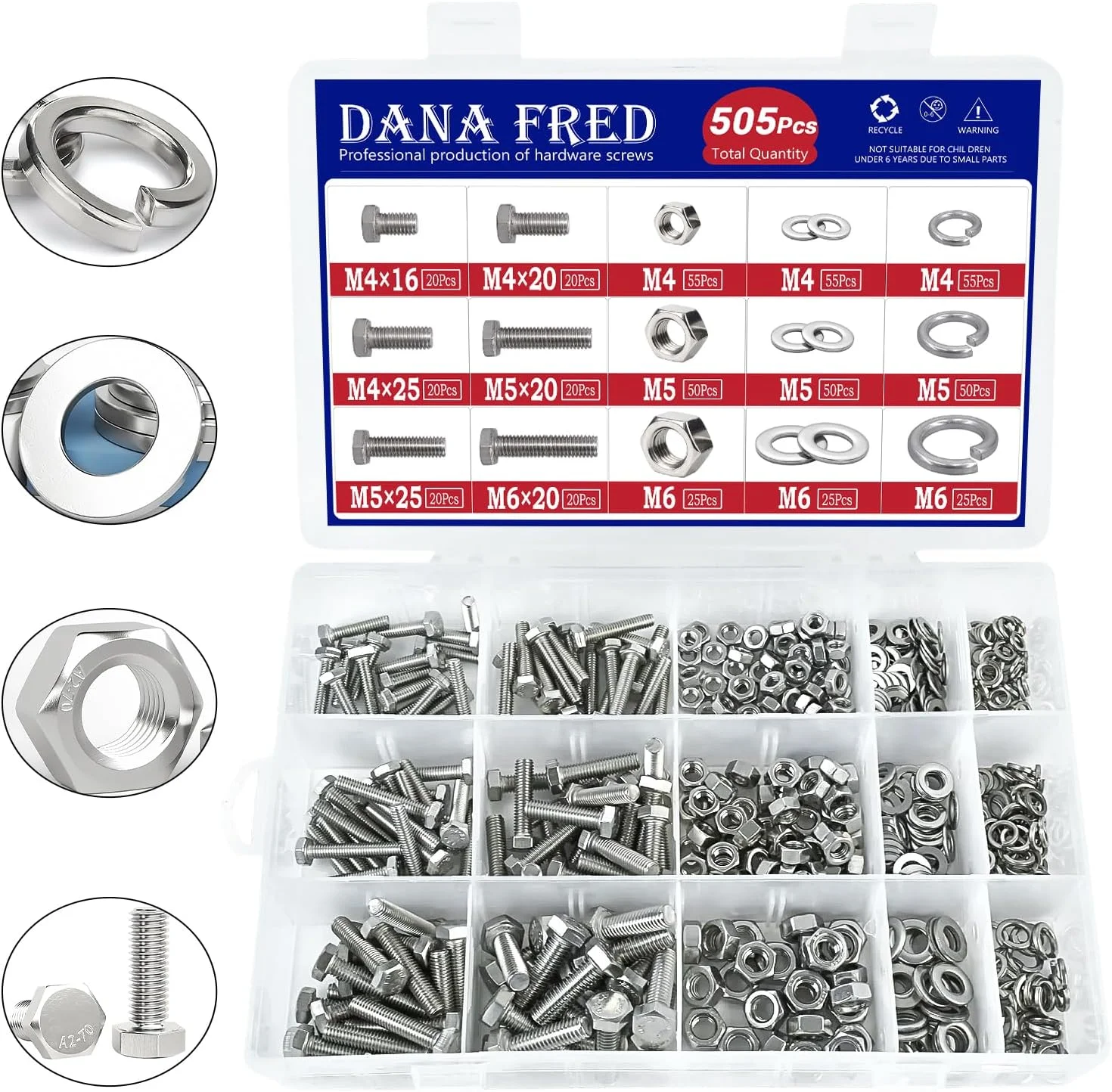 پیچ و مهره سر تخت شش گوش DANA FRED M4 M5 M6، واشرهای تخت و فنری، مجموعه سخت افزاری SAE، فولاد ضد زنگ 304، 510 عدد
