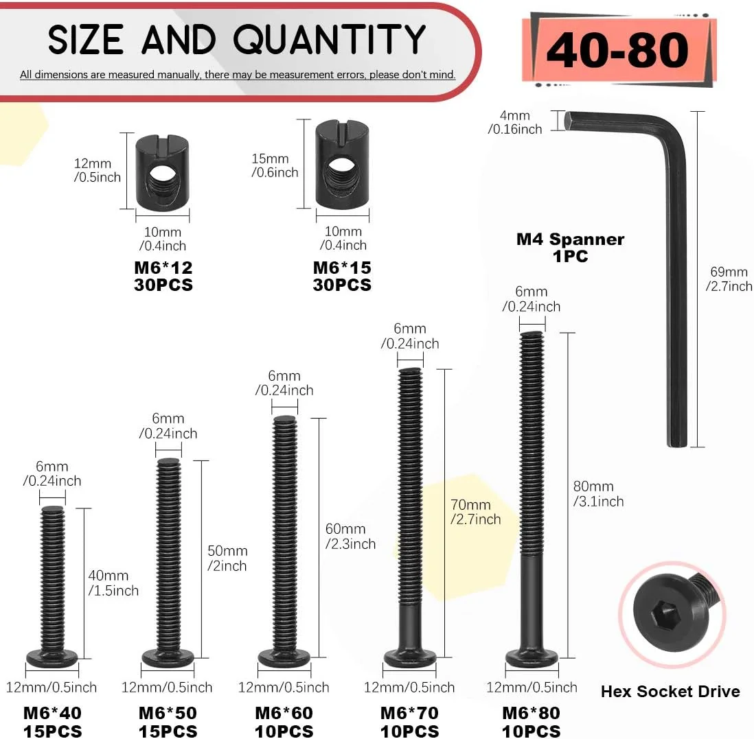 Hilitchi M6 120 عددی پیچ و مهره سر استوانه ای شش گوش مشکی، مجموعه سخت افزاری برای تخت نوزاد، تخت خواب کودک، مبلمان، تختخواب و صندلی (مجموعه 40mm/50mm/60mm/70mm/80mm) Hilitchi M6 120 عددی پیچ و مهره سر استوانه ای شش گوش مشکی، مجموعه سخت افزاری برای تخت نوزاد، تخت خواب کودک، مبلمان، تختخواب و صندلی (مجموعه 40mm/50mm/60mm/70mm/80mm)
