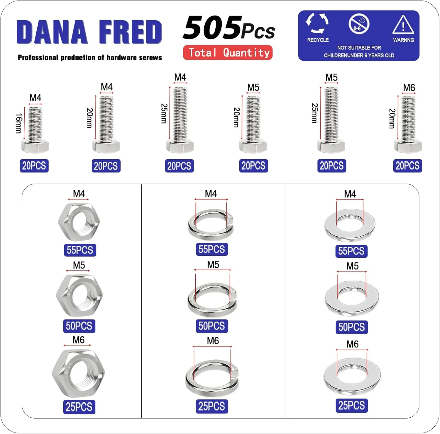 پیچ و مهره سر تخت شش گوش DANA FRED M4 M5 M6، واشرهای تخت و فنری، مجموعه سخت افزاری SAE، فولاد ضد زنگ 304، 510 عدد پیچ و مهره سر تخت شش گوش DANA FRED M4 M5 M6، واشرهای تخت و فنری، مجموعه سخت افزاری SAE، فولاد ضد زنگ 304، 510 عدد