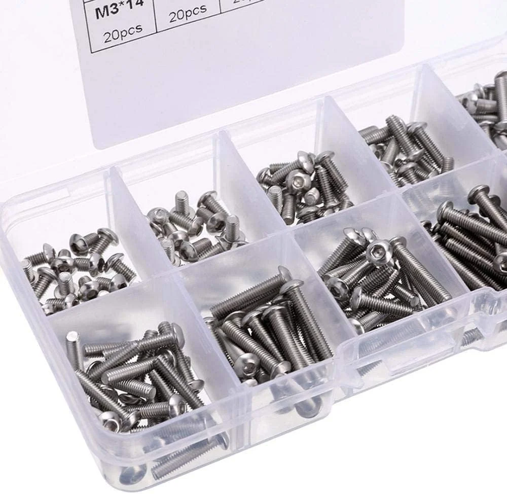 مجموعه 340 عددی پیچ و مهره استیل M3 با سر دکمه ای و سوکت شش گوش