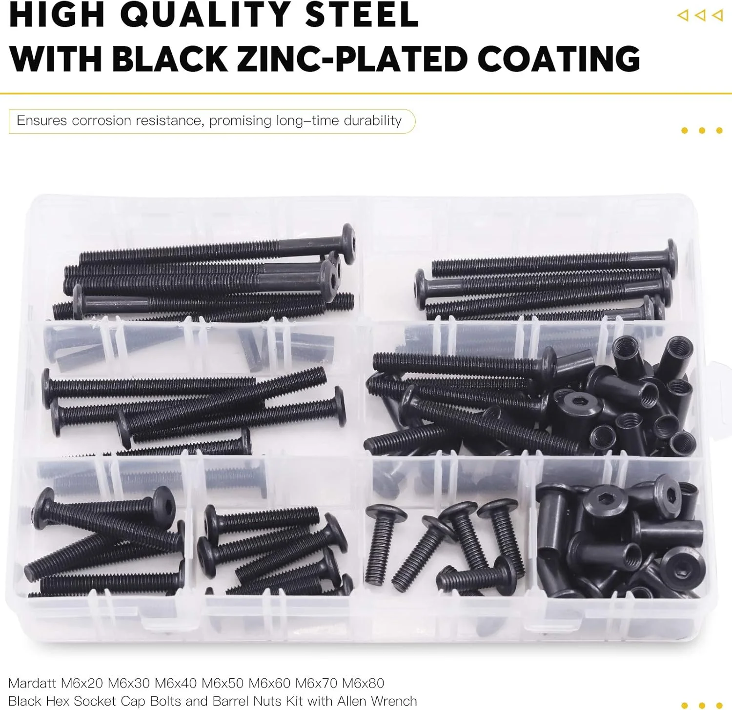 مجموعه پیچ و مهره استوانه ای Mardatt شامل ۸۵ عدد پیچ آلن مشکی در ۷ سایز M6x20mm/30mm/40mm/50mm/60mm/70mm/80mm، مناسب برای اتصال کمربند، چرم و مبلمان مجموعه پیچ و مهره استوانه ای Mardatt شامل ۸۵ عدد پیچ آلن مشکی در ۷ سایز M6x20mm/30mm/40mm/50mm/60mm/70mm/80mm، مناسب برای اتصال کمربند، چرم و مبلمان