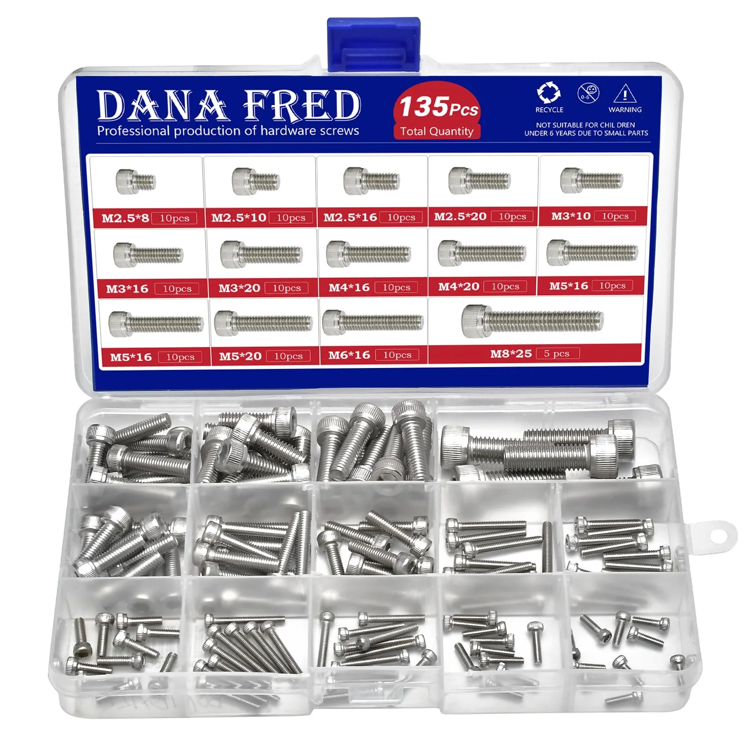 DANA FRED پیچ آلن سر استوانه ای رزوه متریک، پیچ ​​ماشین آلن شش گوش M2.5 M3 M4 M5 M6 M8 مجموعه سخت افزاری بست فلزی استاندارد 135 عددی استیل 304 M2.5-M8