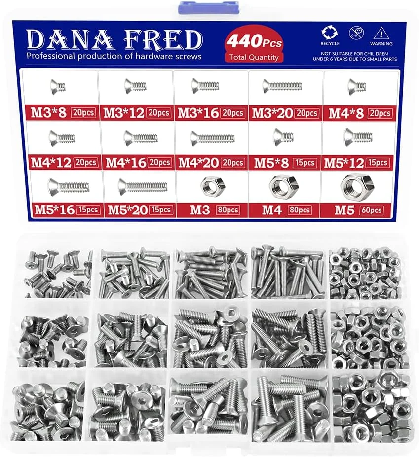 پیچ های سرتخت آلن خور با رزوه متریک، پیچ و مهره های ماشینی خزینه ای با درایو شش ضلعی آلن، مجموعه سخت افزاری استاندارد، 440 عدد، استیل ضد زنگ 304، M3 M4 M5