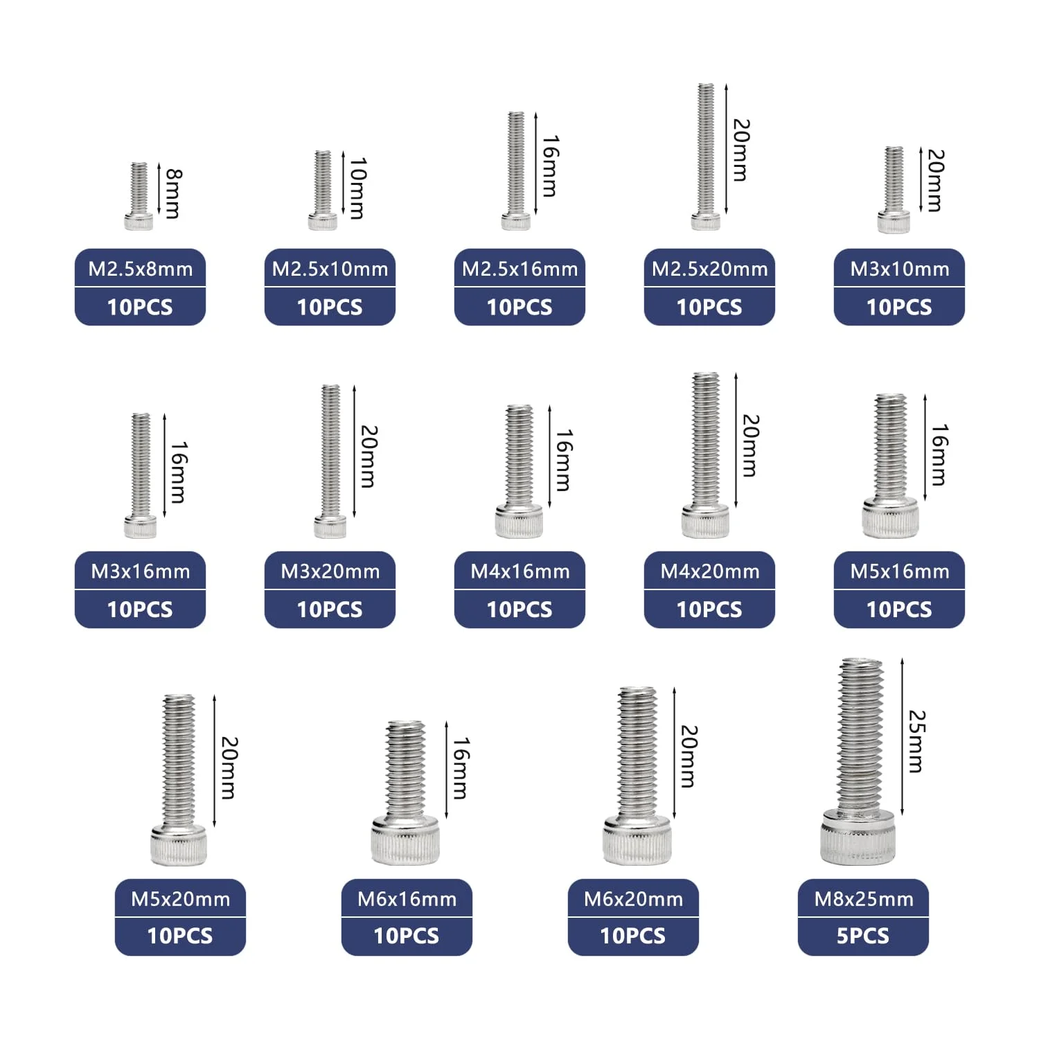 DANA FRED پیچ آلن سر استوانه ای رزوه متریک، پیچ ​​ماشین آلن شش گوش M2.5 M3 M4 M5 M6 M8 مجموعه سخت افزاری بست فلزی استاندارد 135 عددی استیل 304 M2.5-M8