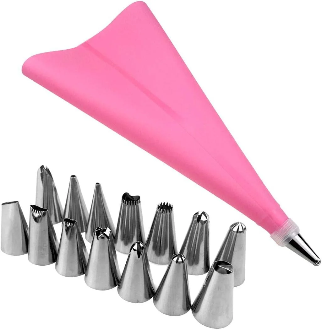 ست 16 عددی قیف و ماسوره شیرینی پزی سیلیکونی صورتی، ابزار تزئین کیک شامل قیف های شیرینی پزی قابل استفاده مجدد با 16 ماسوره مختلف