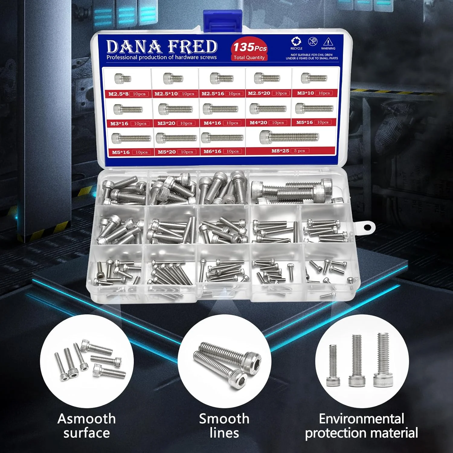 DANA FRED پیچ آلن سر استوانه ای رزوه متریک، پیچ ​​ماشین آلن شش گوش M2.5 M3 M4 M5 M6 M8 مجموعه سخت افزاری بست فلزی استاندارد 135 عددی استیل 304 M2.5-M8