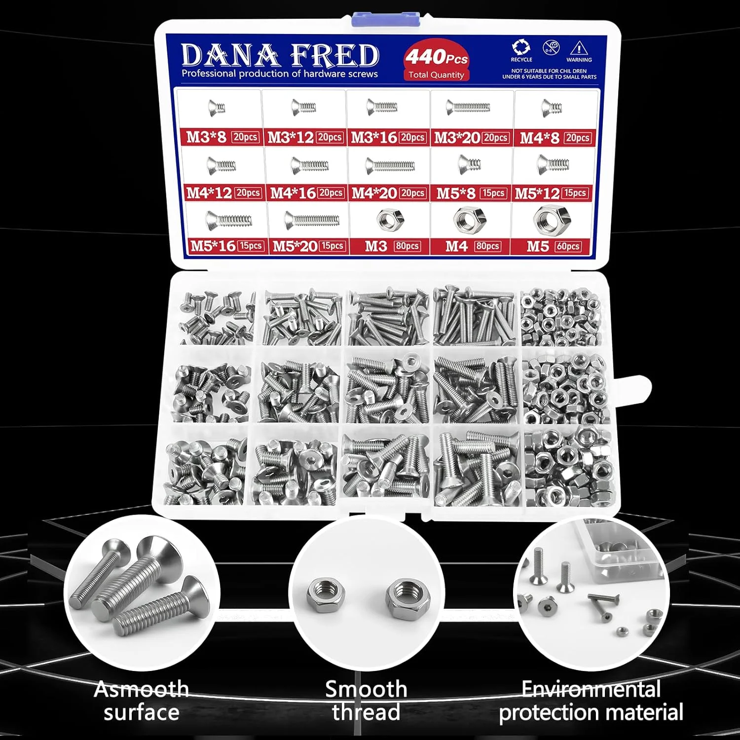 پیچ های سرتخت آلن خور با رزوه متریک، پیچ و مهره های ماشینی خزینه ای با درایو شش ضلعی آلن، مجموعه سخت افزاری استاندارد، 440 عدد، استیل ضد زنگ 304، M3 M4 M5 پیچ های سرتخت آلن خور با رزوه متریک، پیچ و مهره های ماشینی خزینه ای با درایو شش ضلعی آلن، مجموعه سخت افزاری استاندارد، 440 عدد، استیل ضد زنگ 304، M3 M4 M5