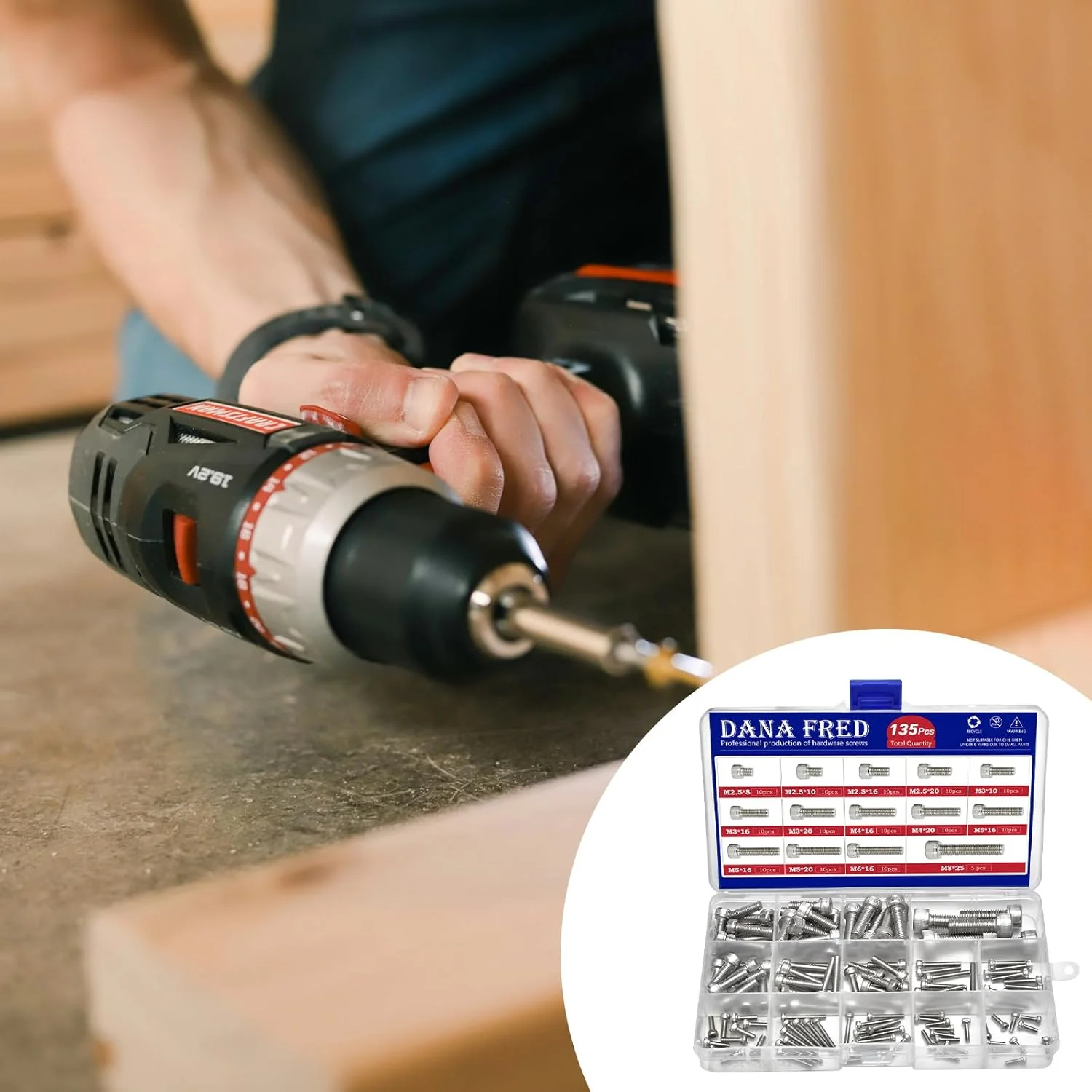 DANA FRED پیچ آلن سر استوانه ای رزوه متریک، پیچ ​​ماشین آلن شش گوش M2.5 M3 M4 M5 M6 M8 مجموعه سخت افزاری بست فلزی استاندارد 135 عددی استیل 304 M2.5-M8