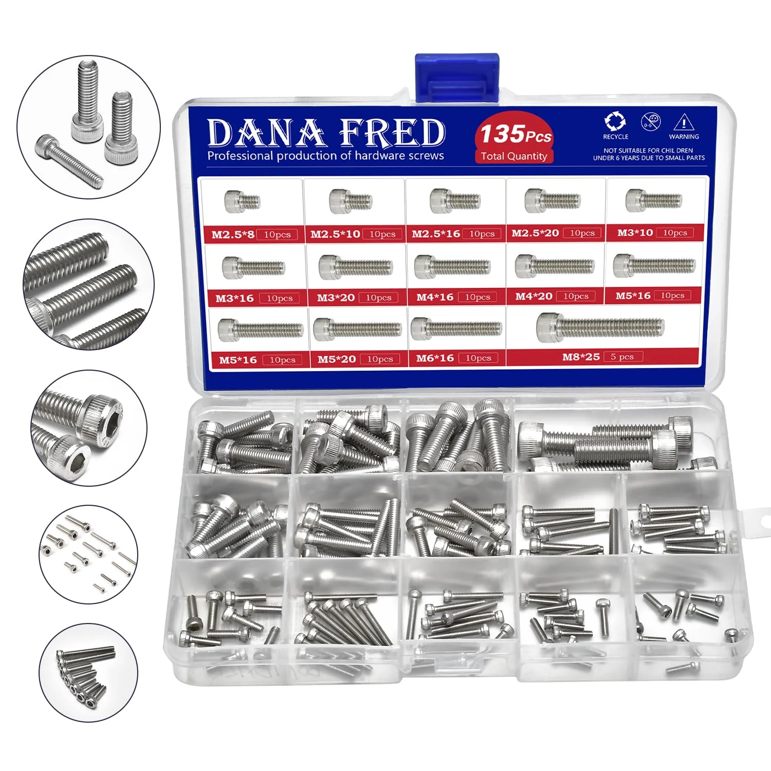 DANA FRED پیچ آلن سر استوانه ای رزوه متریک، پیچ ​​ماشین آلن شش گوش M2.5 M3 M4 M5 M6 M8 مجموعه سخت افزاری بست فلزی استاندارد 135 عددی استیل 304 M2.5-M8
