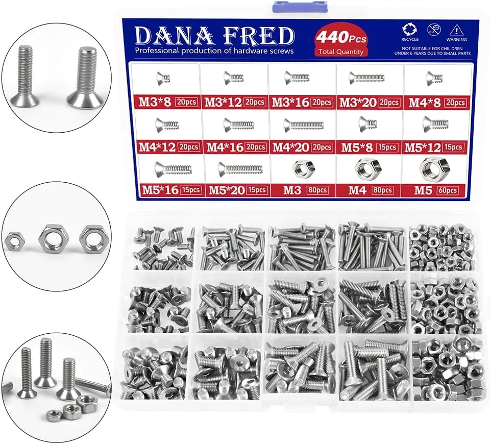 پیچ های سرتخت آلن خور با رزوه متریک، پیچ و مهره های ماشینی خزینه ای با درایو شش ضلعی آلن، مجموعه سخت افزاری استاندارد، 440 عدد، استیل ضد زنگ 304، M3 M4 M5 پیچ های سرتخت آلن خور با رزوه متریک، پیچ و مهره های ماشینی خزینه ای با درایو شش ضلعی آلن، مجموعه سخت افزاری استاندارد، 440 عدد، استیل ضد زنگ 304، M3 M4 M5