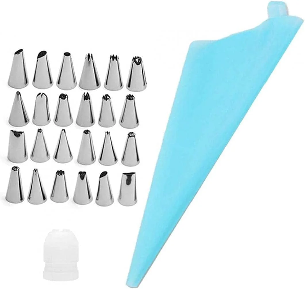 کیسه شیرینی پزی خامه سیلیکونی و کیت ابزار تزئین کیک با 24 عدد نازل شیرینی پزی، نوک های شیرینی پزی برای کیک، دسر و کاپ کیک های خانگی