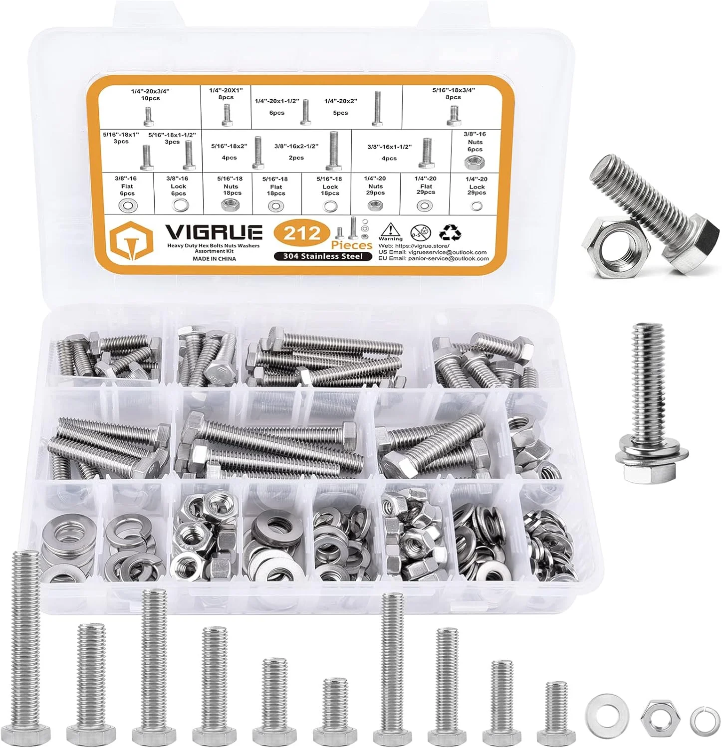 مجموعه 212 عددی پیچ و مهره شش گوش استیل ضد زنگ 304 ویگرو، شامل 10 سایز رایج SAE، به همراه واشرهای تخت و فنری مجموعه 212 عددی پیچ و مهره شش گوش استیل ضد زنگ 304 ویگرو، شامل 10 سایز رایج SAE، به همراه واشرهای تخت و فنری