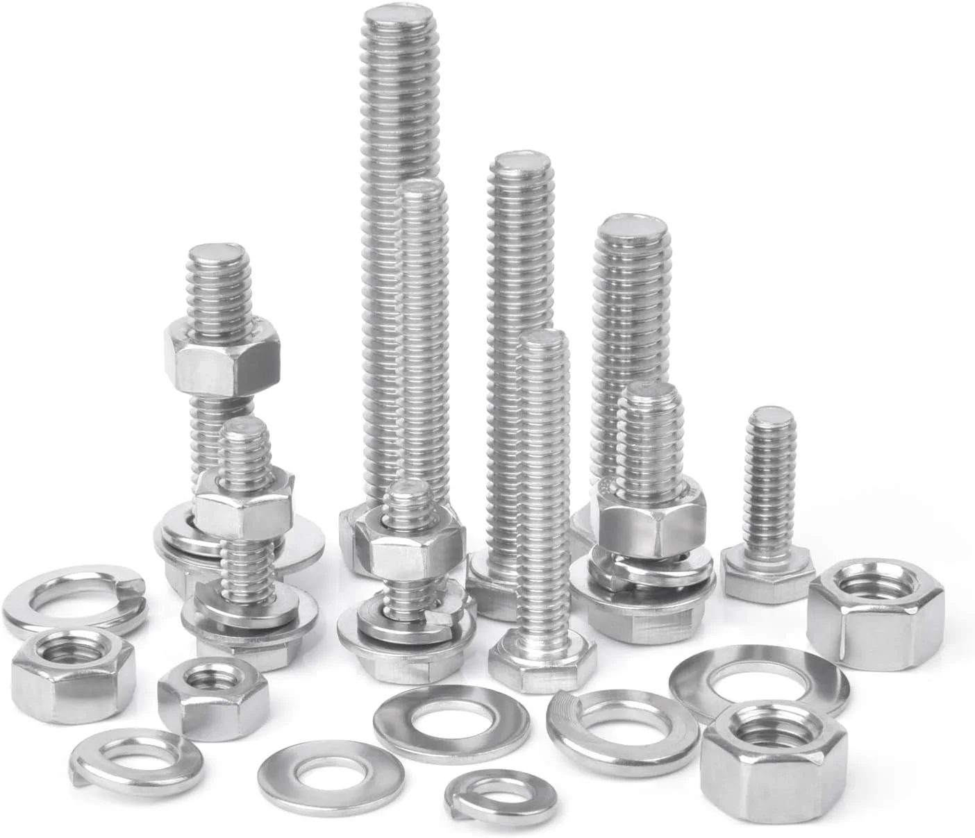 مجموعه 212 عددی پیچ و مهره شش گوش استیل ضد زنگ 304 ویگرو، شامل 10 سایز رایج SAE، به همراه واشرهای تخت و فنری