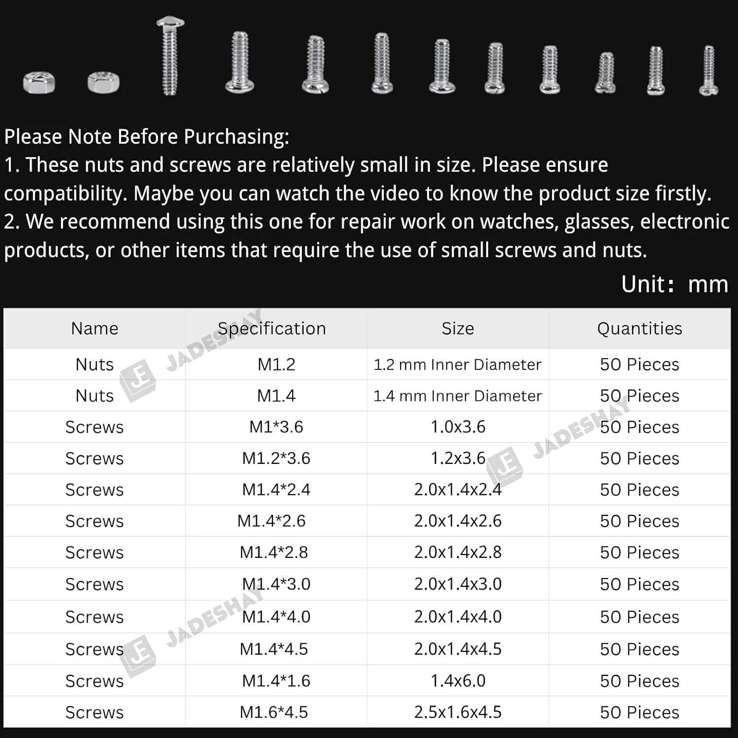 جعبه پیچ و مهره کوچک Jadeshay - مجموعه 600 عددی پیچ و مهره کوچک شامل 12 نوع پیچ و مهره با جعبه نگهدارنده، سایزهای M1 M1.2 M1.4 M1.6 مناسب برای ساعت و عینک
