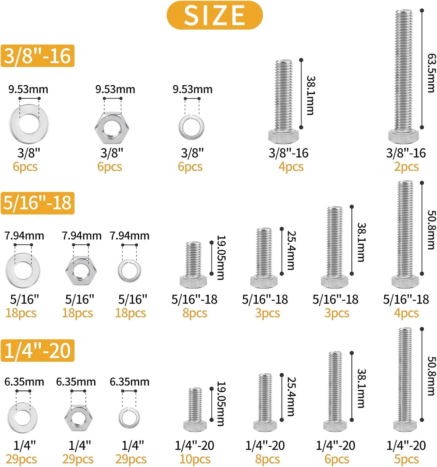 مجموعه 212 عددی پیچ و مهره شش گوش استیل ضد زنگ 304 ویگرو، شامل 10 سایز رایج SAE، به همراه واشرهای تخت و فنری