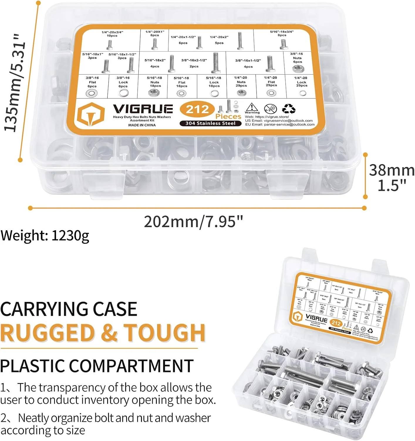 مجموعه 212 عددی پیچ و مهره شش گوش استیل ضد زنگ 304 ویگرو، شامل 10 سایز رایج SAE، به همراه واشرهای تخت و فنری