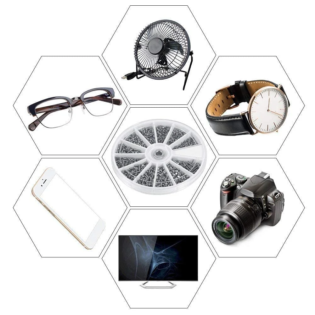 جعبه پیچ و مهره کوچک Jadeshay - مجموعه 600 عددی پیچ و مهره کوچک شامل 12 نوع پیچ و مهره با جعبه نگهدارنده، سایزهای M1 M1.2 M1.4 M1.6 مناسب برای ساعت و عینک