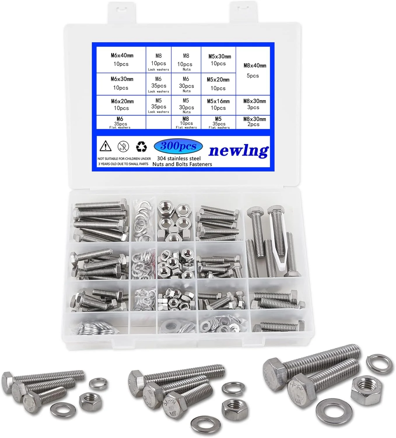 مجموعه پیچ و مهره newlng M5 M6 M8 استیل ضد زنگ 304 شامل پیچ های شش گوش بیرونی، مهره های قفلی، واشرهای تخت و پیچ های ماشینی - 300 قطعه مجموعه پیچ و مهره newlng M5 M6 M8 استیل ضد زنگ 304 شامل پیچ های شش گوش بیرونی، مهره های قفلی، واشرهای تخت و پیچ های ماشینی - 300 قطعه