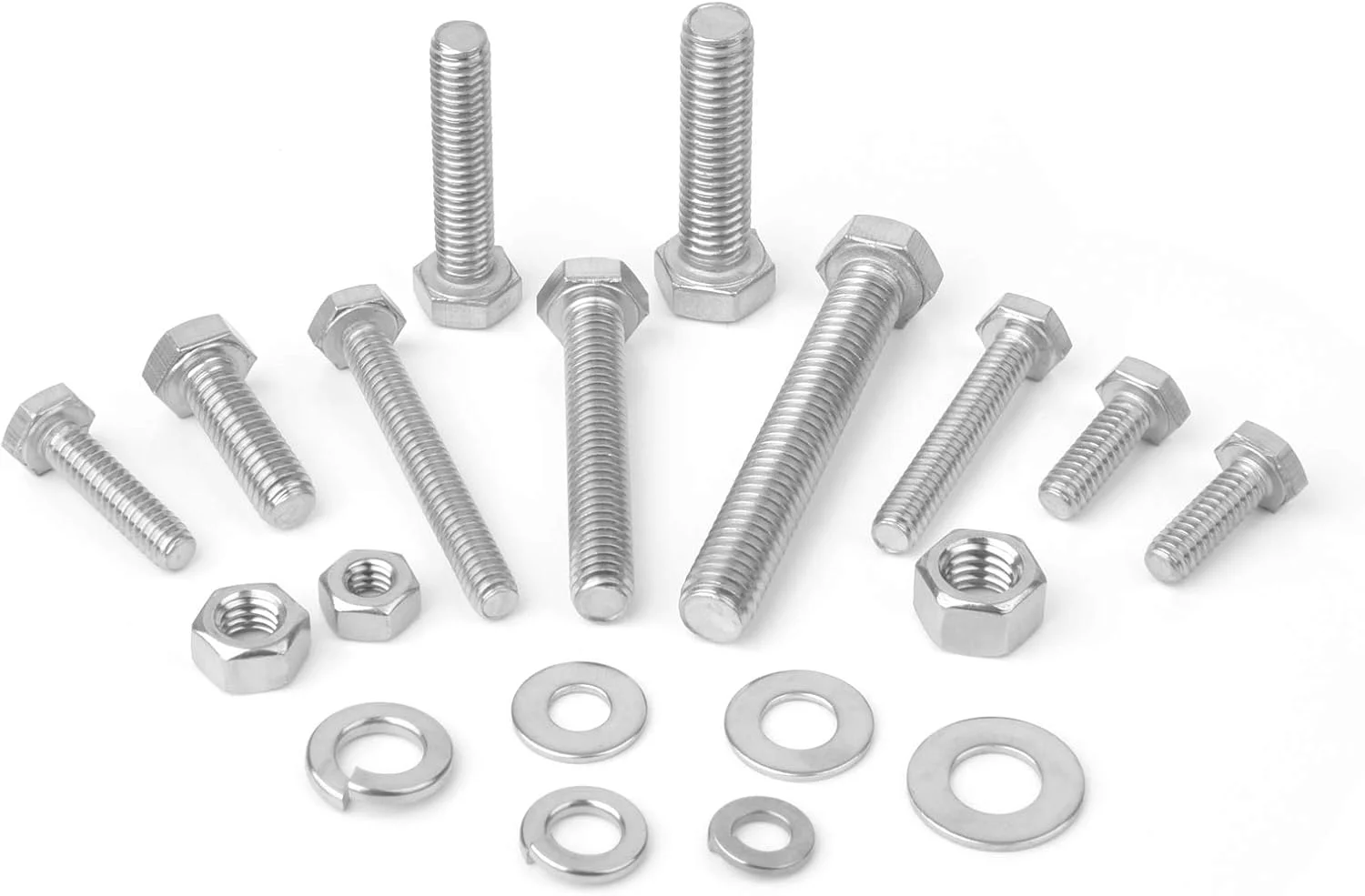 مجموعه 212 عددی پیچ و مهره شش گوش استیل ضد زنگ 304 ویگرو، شامل 10 سایز رایج SAE، به همراه واشرهای تخت و فنری