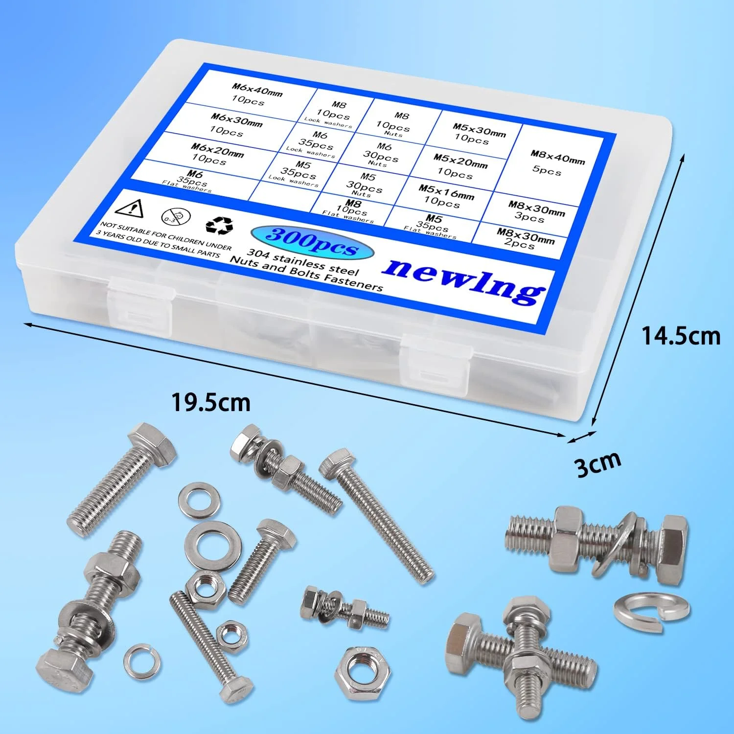 مجموعه پیچ و مهره newlng M5 M6 M8 استیل ضد زنگ 304 شامل پیچ های شش گوش بیرونی، مهره های قفلی، واشرهای تخت و پیچ های ماشینی - 300 قطعه