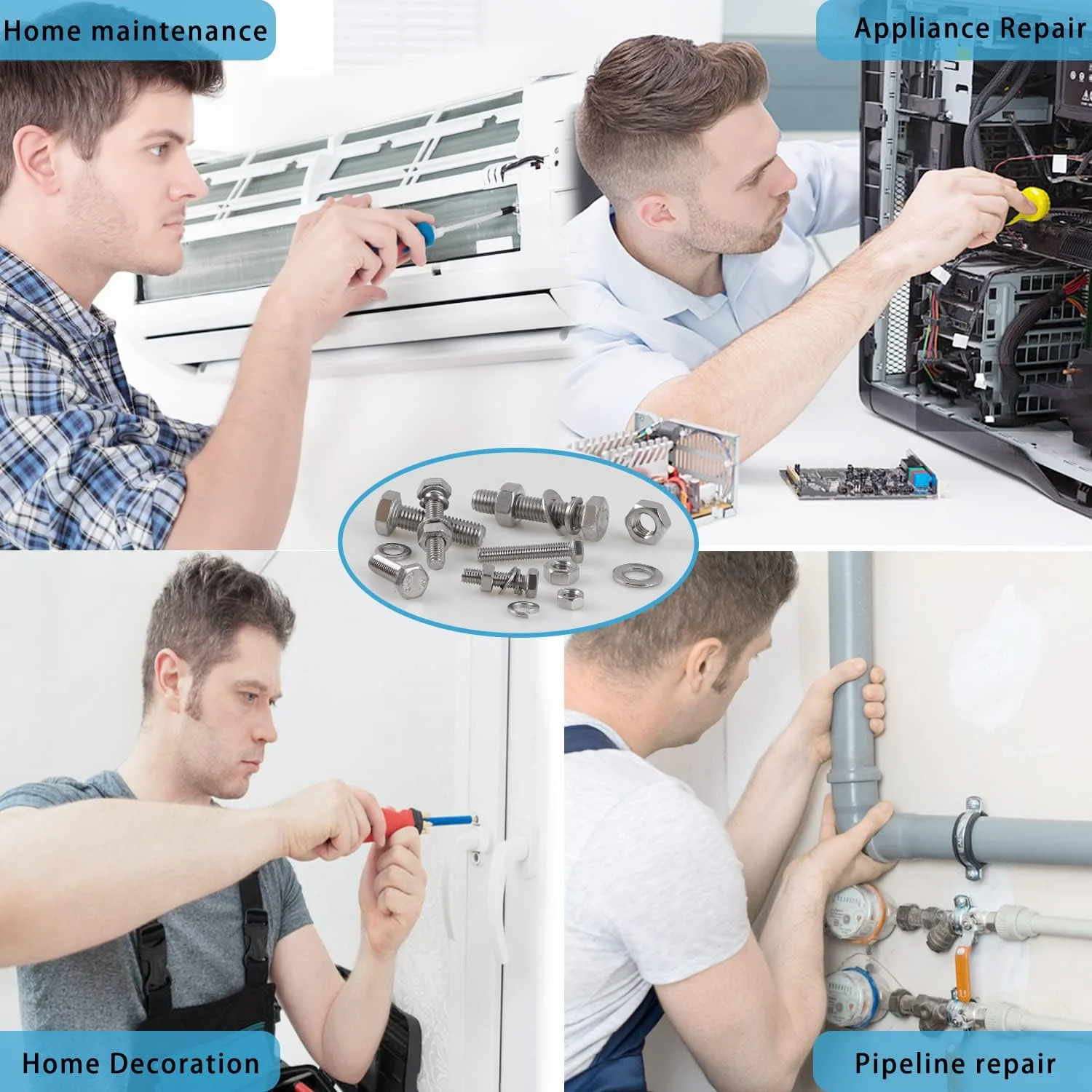مجموعه پیچ و مهره newlng M5 M6 M8 استیل ضد زنگ 304 شامل پیچ های شش گوش بیرونی، مهره های قفلی، واشرهای تخت و پیچ های ماشینی - 300 قطعه