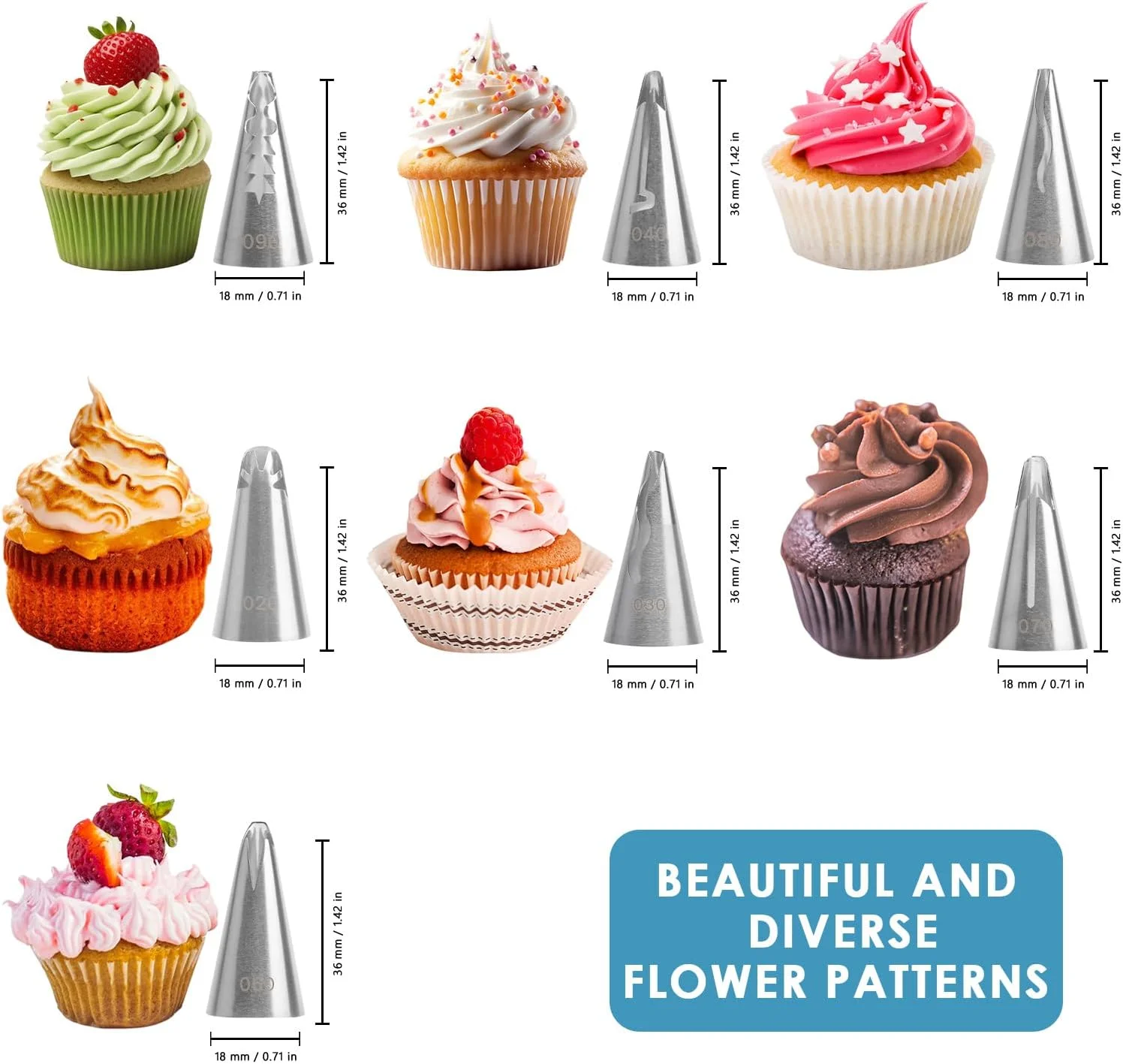 ست قیف ماسوره چین دار 7 عددی استیل ضد زنگ برای کاپ کیک، کلوچه، شیرینی و کیک، لوازم تزئین DIY، ست ماسوره و سر قیف شیرینی پزی ست قیف ماسوره چین دار 7 عددی استیل ضد زنگ برای کاپ کیک، کلوچه، شیرینی و کیک، لوازم تزئین DIY، ست ماسوره و سر قیف شیرینی پزی