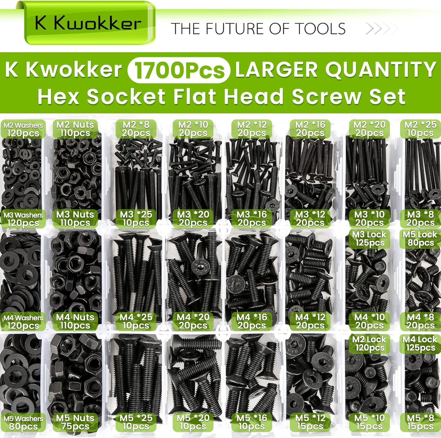 مجموعه پیچ و مهره K Kwokker با سر تخت و سوکت شش گوش، 1220 عددی، M2 M3 M4 M5، پیچهای سیاه، مهرهها و واشرها، مجموعه پیچهای آلیاژ فولادی متریک + 4 آچار آلن مجموعه پیچ و مهره K Kwokker با سر تخت و سوکت شش گوش، 1220 عددی، M2 M3 M4 M5، پیچهای سیاه، مهرهها و واشرها، مجموعه پیچهای آلیاژ فولادی متریک + 4 آچار آلن