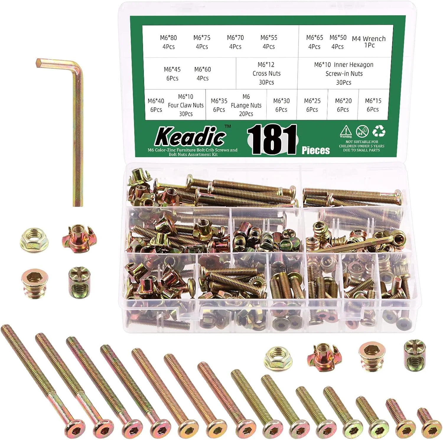 کیت جایگزینی سخت افزار پیچ مبلمان با روکش روی M6 Keadic شامل 181 قطعه، شامل پیچ های سر استوانه ای شش گوش، مهره های بشکه ای، مهره های چوبی، مهره های T چهار چنگالی و مهره های فلنج دار برای تخت نوزاد، تخت خواب، میز و گهواره