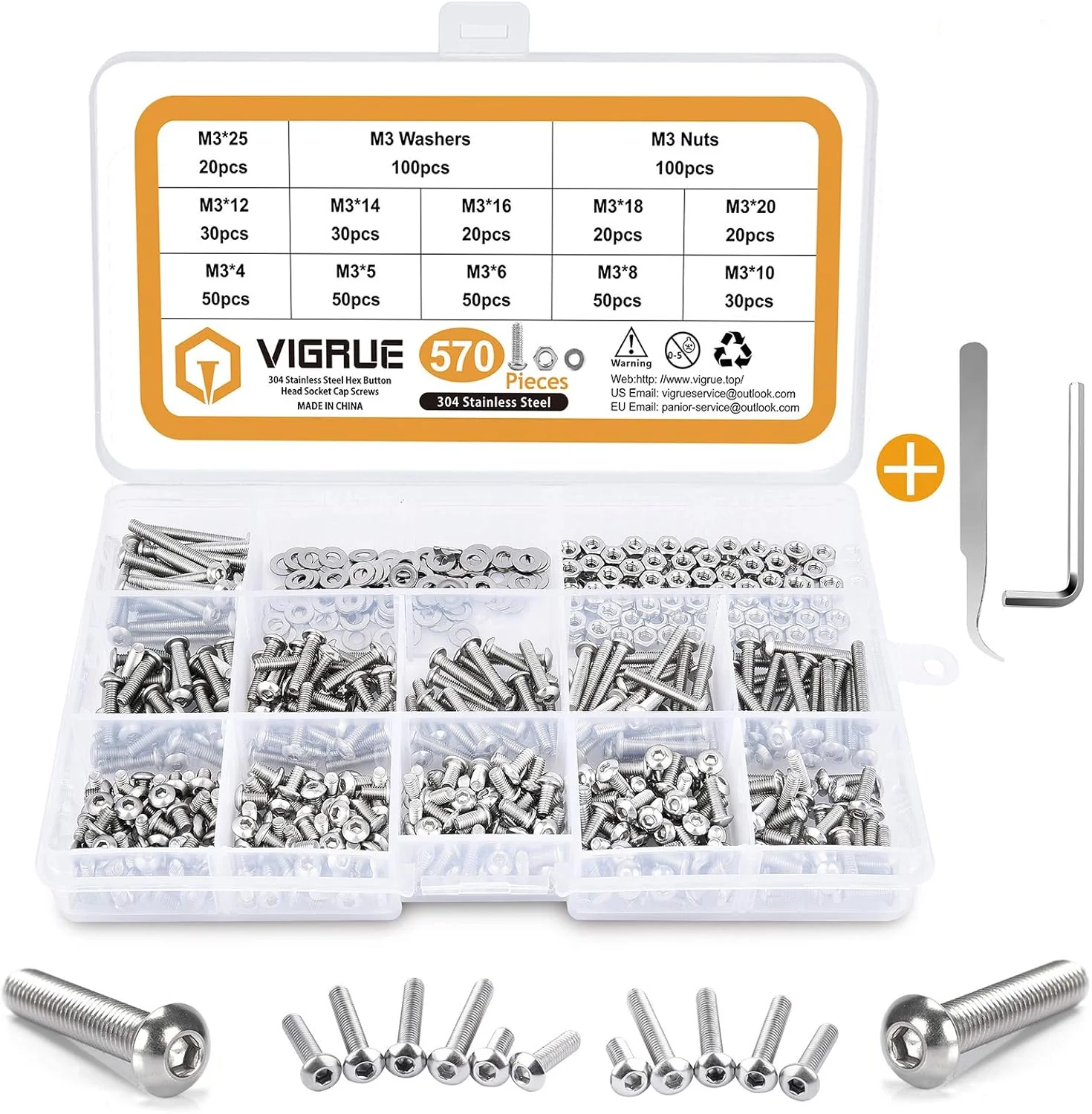 ویگرو 570 عددی پیچ و مهره استیل M3 با سر دکمه ای و سوکت شش گوش، پیچ های M3 x 4/5/6/8/10/12/14/16/18/20/25 میلی متر به همراه واشر تخت، رزوه کامل ویگرو 570 عددی پیچ و مهره استیل M3 با سر دکمه ای و سوکت شش گوش، پیچ های M3 x 4/5/6/8/10/12/14/16/18/20/25 میلی متر به همراه واشر تخت، رزوه کامل