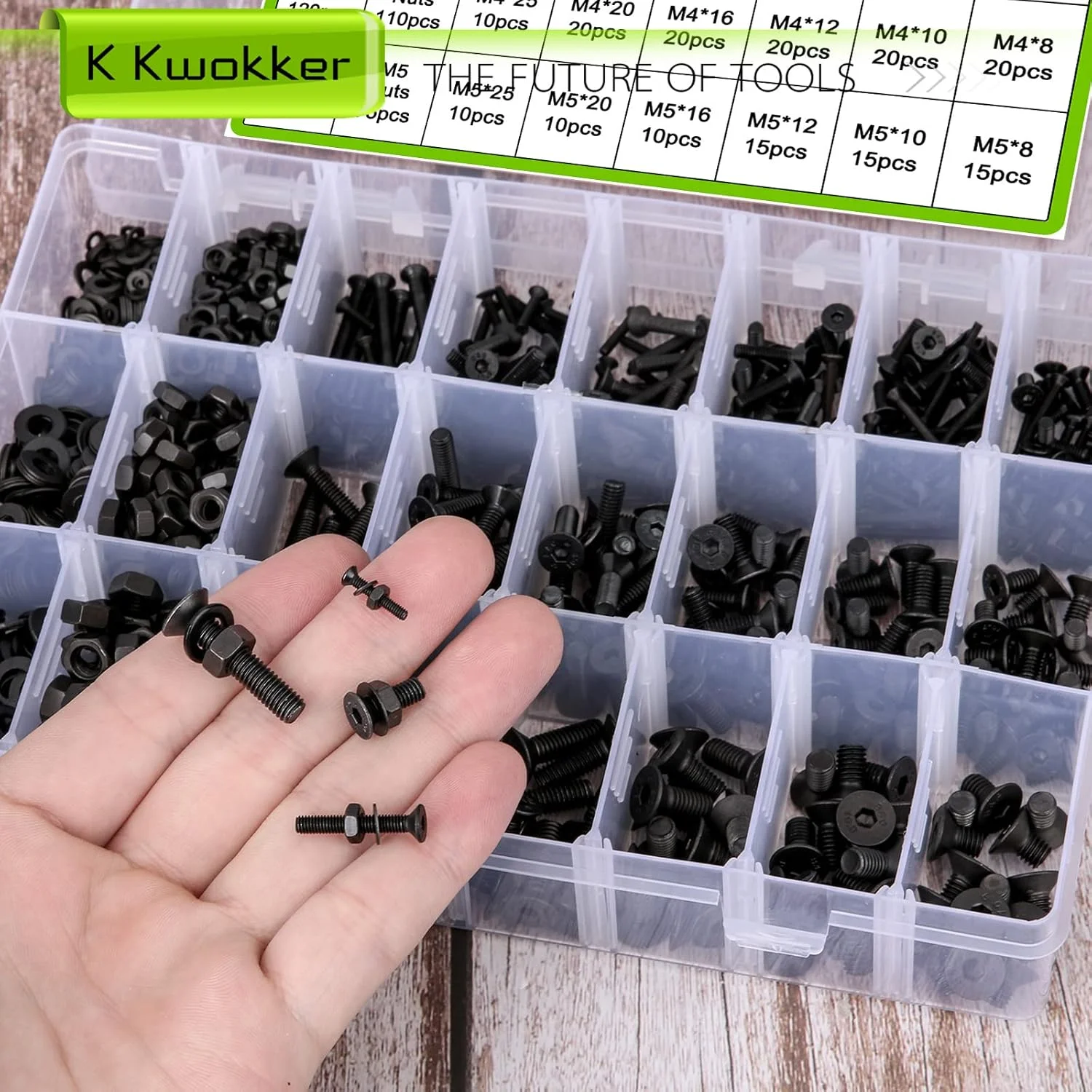 مجموعه پیچ و مهره K Kwokker با سر تخت و سوکت شش گوش، 1220 عددی، M2 M3 M4 M5، پیچهای سیاه، مهرهها و واشرها، مجموعه پیچهای آلیاژ فولادی متریک + 4 آچار آلن مجموعه پیچ و مهره K Kwokker با سر تخت و سوکت شش گوش، 1220 عددی، M2 M3 M4 M5، پیچهای سیاه، مهرهها و واشرها، مجموعه پیچهای آلیاژ فولادی متریک + 4 آچار آلن