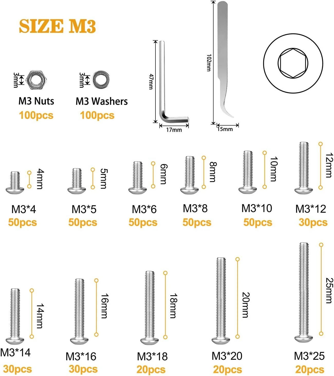 ویگرو 570 عددی پیچ و مهره استیل M3 با سر دکمه ای و سوکت شش گوش، پیچ های M3 x 4/5/6/8/10/12/14/16/18/20/25 میلی متر به همراه واشر تخت، رزوه کامل ویگرو 570 عددی پیچ و مهره استیل M3 با سر دکمه ای و سوکت شش گوش، پیچ های M3 x 4/5/6/8/10/12/14/16/18/20/25 میلی متر به همراه واشر تخت، رزوه کامل