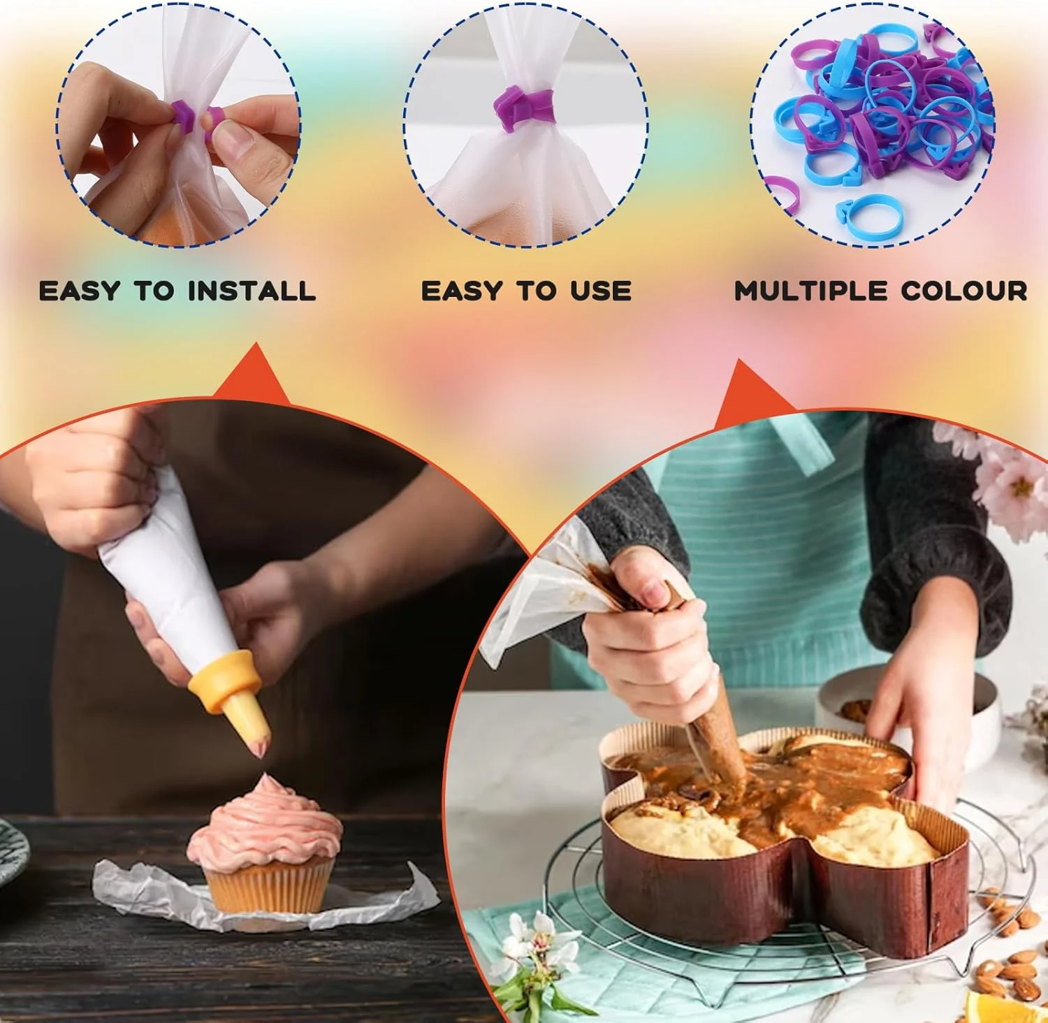40 عدد بست کیسه شیرینی پزی، بست های کیسه قیف سیلیکونی قابل استفاده مجدد، گیره های لوازم کیک و شیرینی برای مهر و موم کردن کیک، کلوچه و شیرینی، 5 رنگ