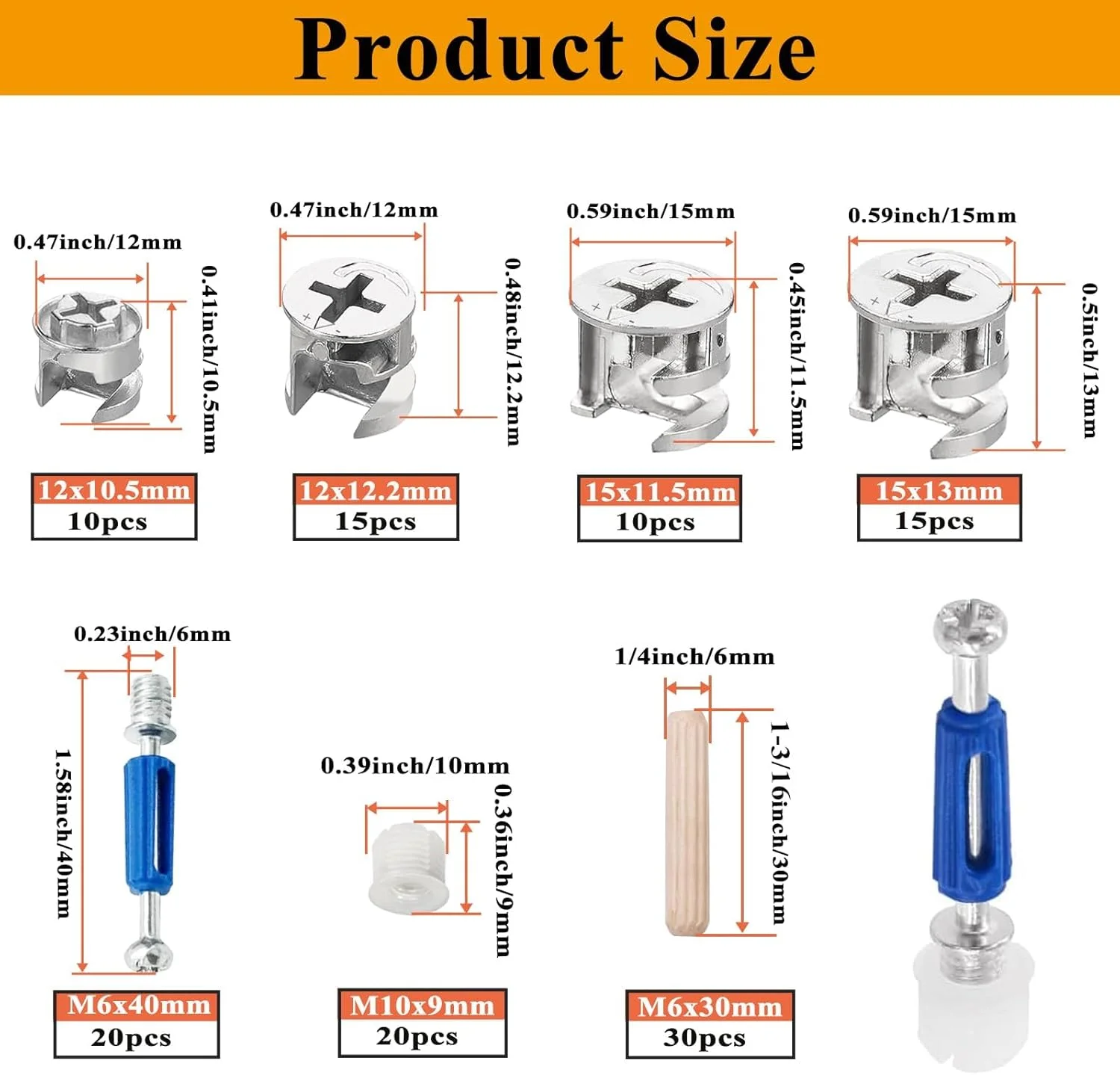 120 عدد قفل کم برای مبلمان، چرخ های سخت افزاری خارج از مرکز 3 در 1، بست های مهره و پیچ چند سایز، پین های چوبی برای مونتاژ و تعمیر، اتصالات مبلمان بادوام، کیت متنوع برای پروژه های DIY