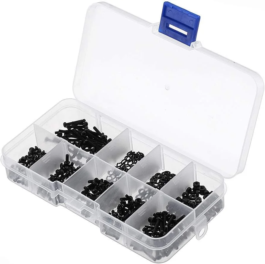 مجموعه 600 عددی پیچ و مهره سوکت شش گوش سر ستونی مشکی با واشرهای تخت و فنری به همراه جعبه پلاستیکی مجموعه 600 عددی پیچ و مهره سوکت شش گوش سر ستونی مشکی با واشرهای تخت و فنری به همراه جعبه پلاستیکی