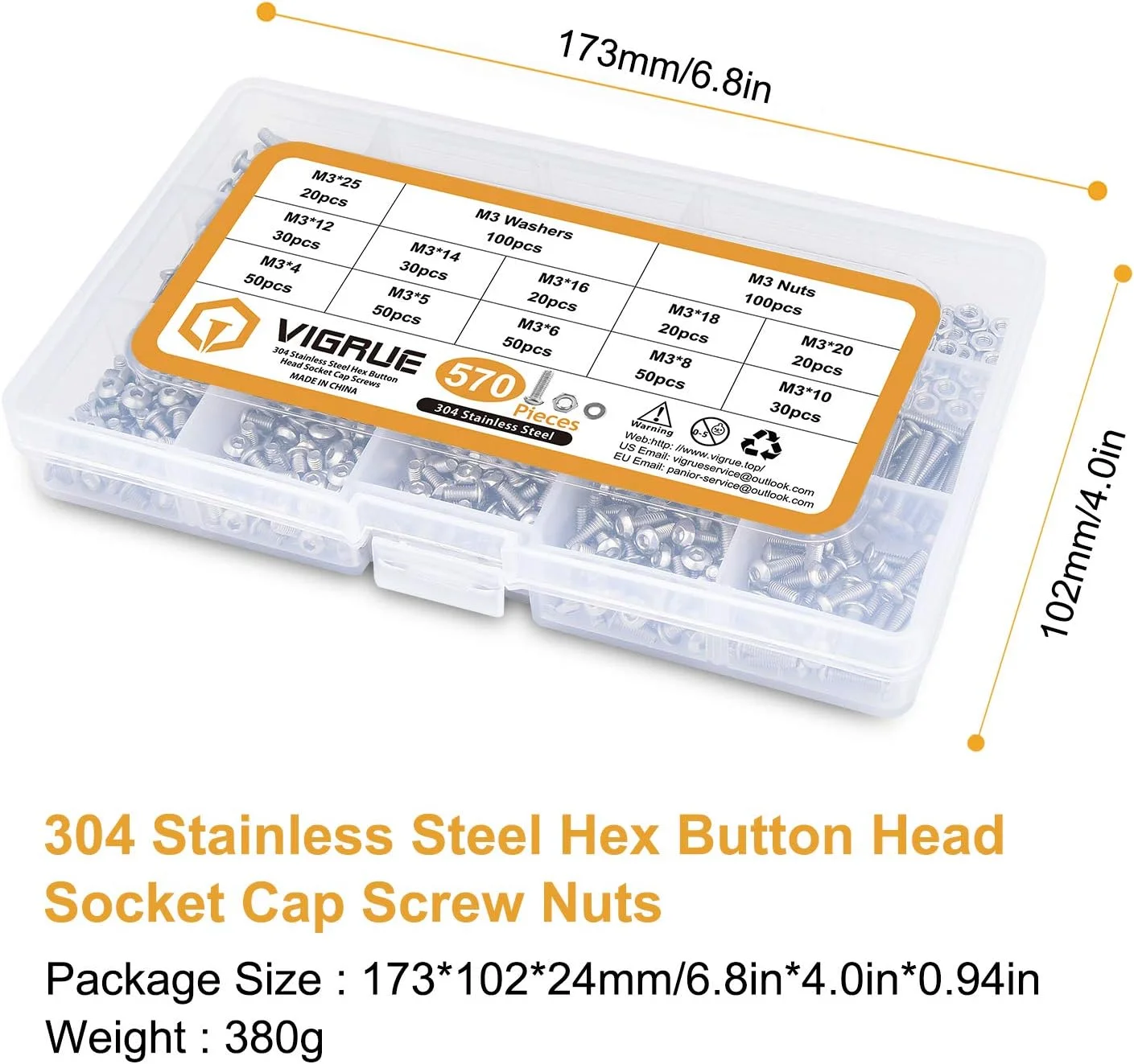 ویگرو 570 عددی پیچ و مهره استیل M3 با سر دکمه ای و سوکت شش گوش، پیچ های M3 x 4/5/6/8/10/12/14/16/18/20/25 میلی متر به همراه واشر تخت، رزوه کامل ویگرو 570 عددی پیچ و مهره استیل M3 با سر دکمه ای و سوکت شش گوش، پیچ های M3 x 4/5/6/8/10/12/14/16/18/20/25 میلی متر به همراه واشر تخت، رزوه کامل
