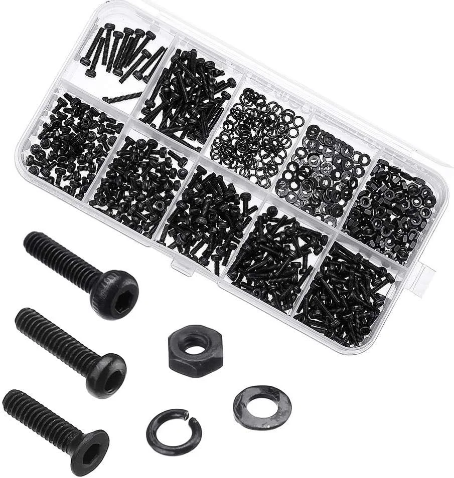 مجموعه 600 عددی پیچ و مهره سوکت شش گوش سر ستونی مشکی با واشرهای تخت و فنری به همراه جعبه پلاستیکی مجموعه 600 عددی پیچ و مهره سوکت شش گوش سر ستونی مشکی با واشرهای تخت و فنری به همراه جعبه پلاستیکی