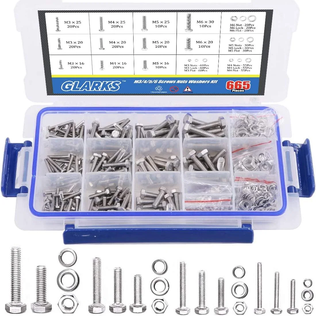Glarks 665Pcs M3 M4 M5 M6 Stainless Steel Flat Hex Head Screws Bolts Nuts and Flat Gasket Spring Washers Assortment Set Glarks 665Pcs M3 M4 M5 M6 Stainless Steel Flat Hex Head Screws Bolts Nuts and Flat Gasket Spring Washers Assortment Set