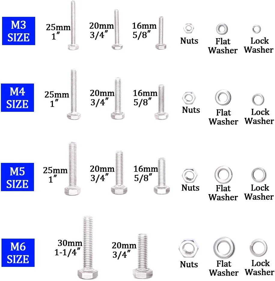 Glarks 665Pcs M3 M4 M5 M6 Stainless Steel Flat Hex Head Screws Bolts Nuts and Flat Gasket Spring Washers Assortment Set Glarks 665Pcs M3 M4 M5 M6 Stainless Steel Flat Hex Head Screws Bolts Nuts and Flat Gasket Spring Washers Assortment Set
