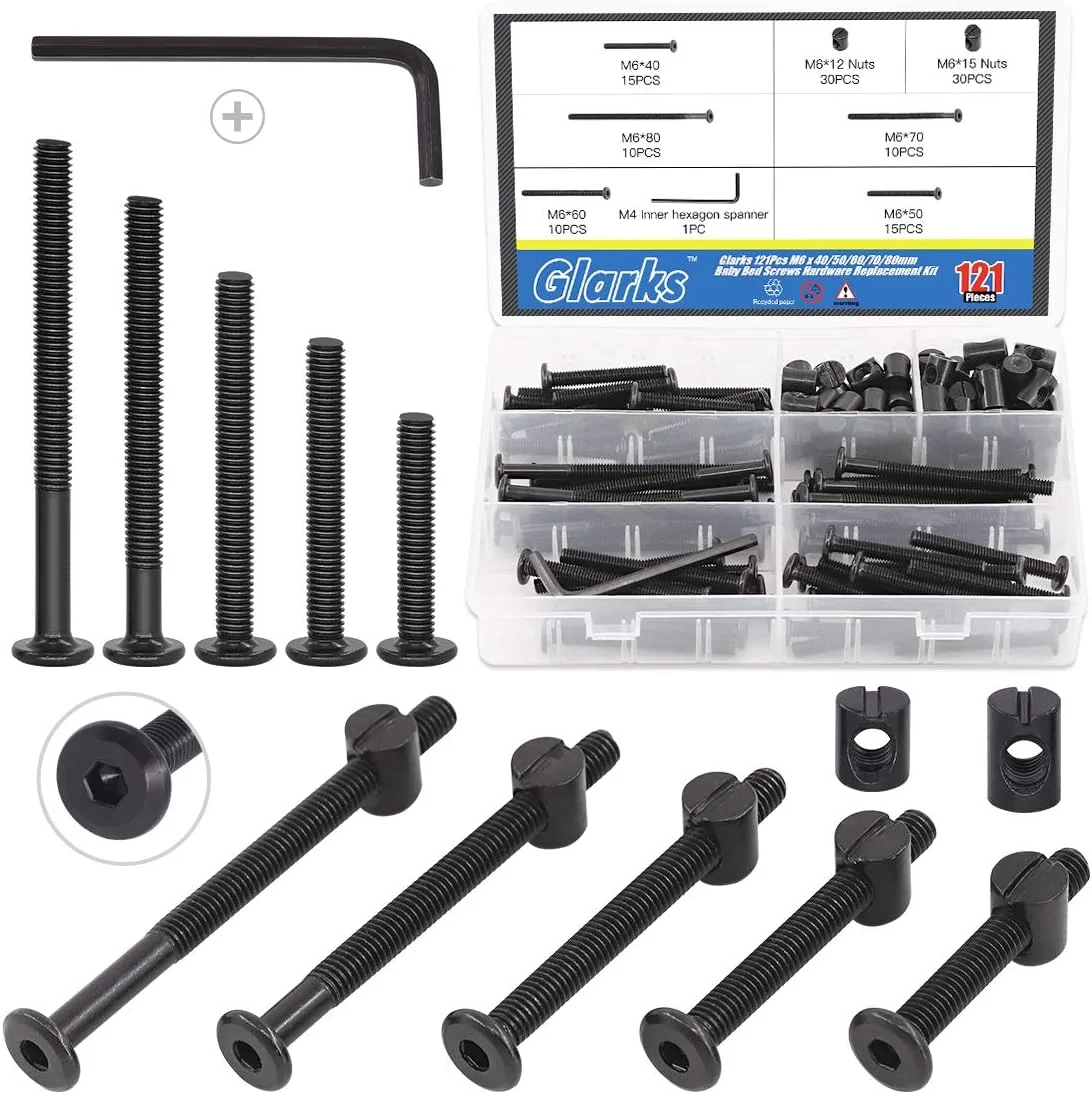 مجموعه 120 عددی پیچ و مهره استوانه ای مشکی M6 با سر استوانه ای و سوکت شش گوش Glarks در اندازه های 40/50/60/70/80 میلی متر برای تخت خواب نوزاد، گهواره و مبلمان