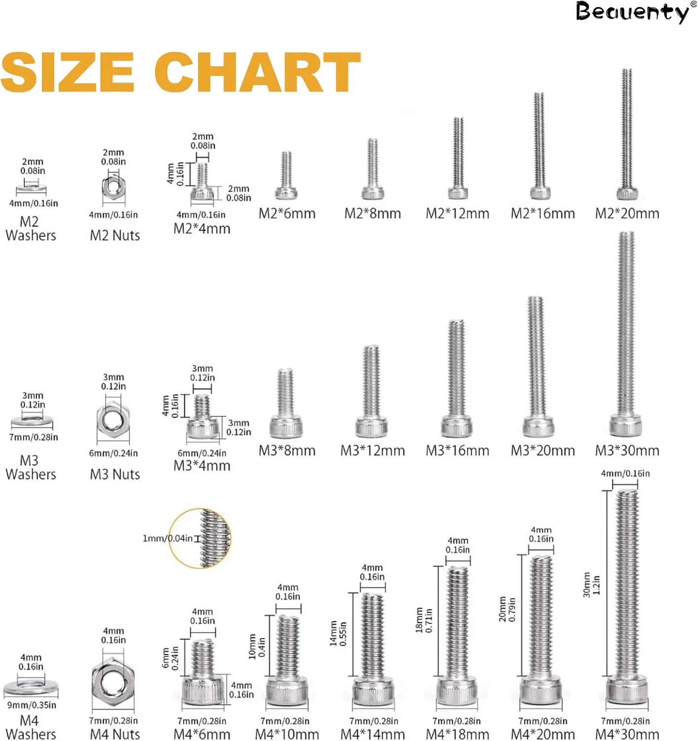 Beauenty 304 Stainless Steel M2 M3 M4,Hex Socket Screws Nuts Spring Washers Kit,for Machine, Electronic, Wood, Household, Communication(1080pcs) Beauenty 304 Stainless Steel M2 M3 M4,Hex Socket Screws Nuts Spring Washers Kit,for Machine, Electronic, Wood, Household, Communication(1080pcs)