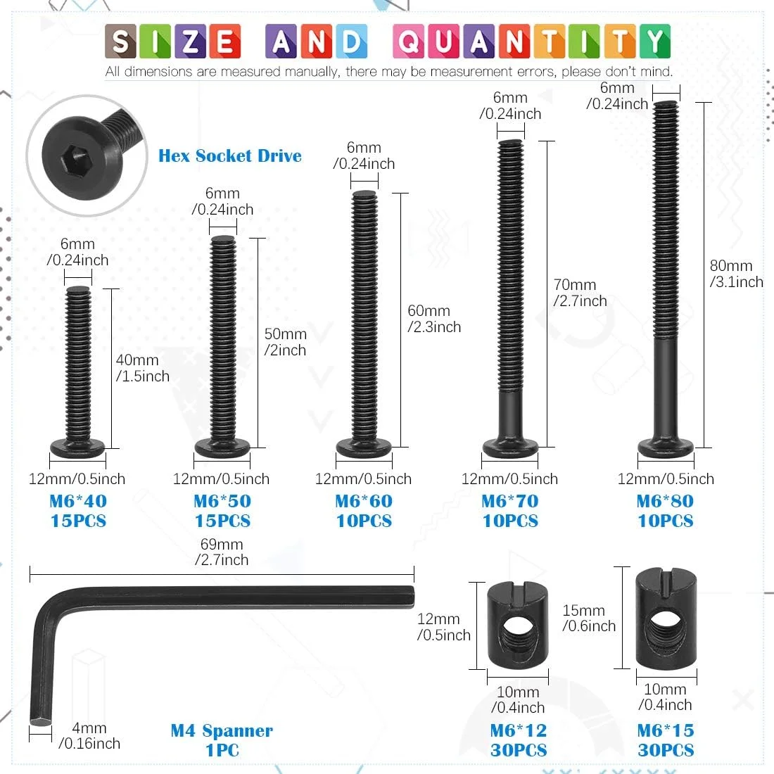 مجموعه 120 عددی پیچ و مهره استوانه ای مشکی M6 با سر استوانه ای و سوکت شش گوش Glarks در اندازه های 40/50/60/70/80 میلی متر برای تخت خواب نوزاد، گهواره و مبلمان مجموعه 120 عددی پیچ و مهره استوانه ای مشکی M6 با سر استوانه ای و سوکت شش گوش Glarks در اندازه های 40/50/60/70/80 میلی متر برای تخت خواب نوزاد، گهواره و مبلمان