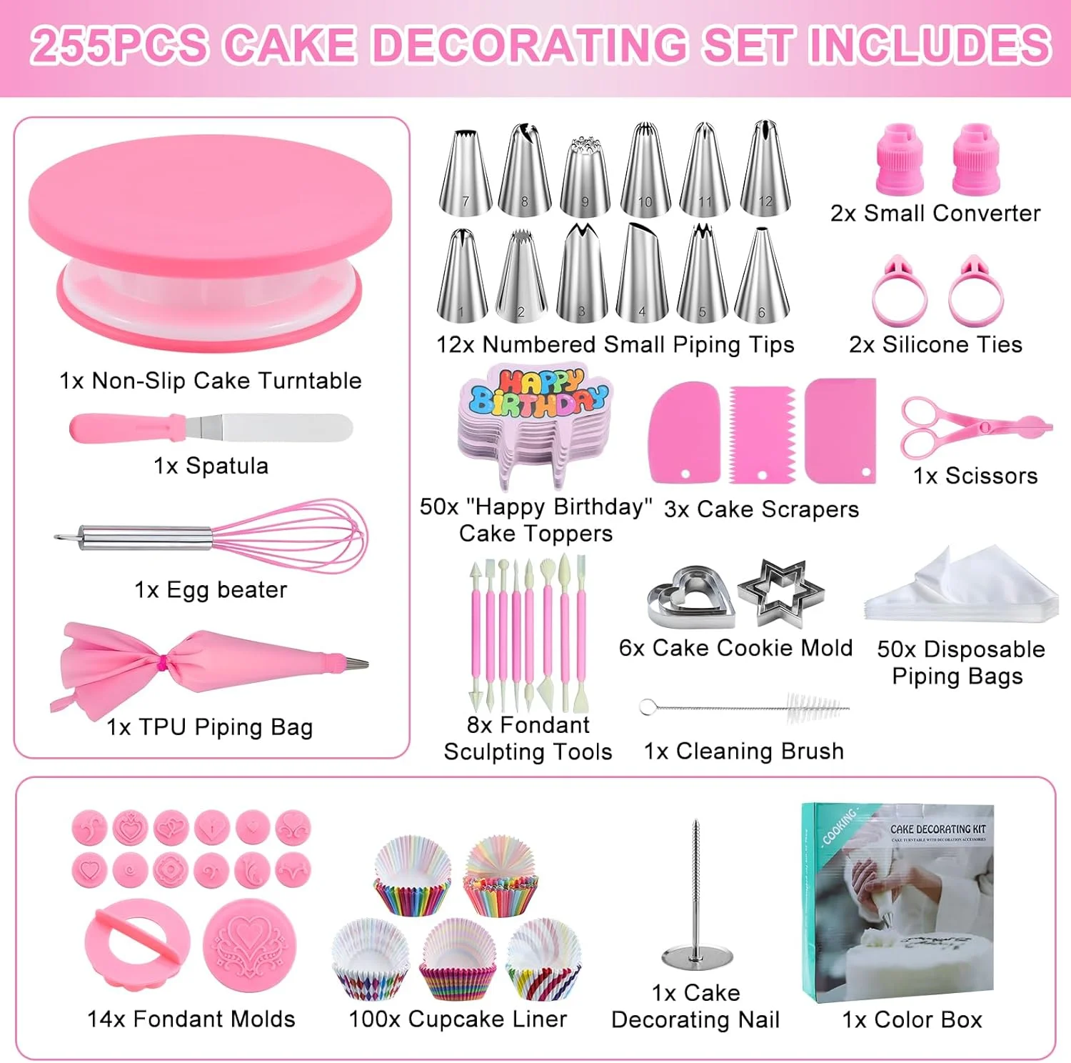 لوازم جانبی کیک Qingning - 255 تکه، ست ابزار پخت کیک گردان، ست کیک گردان، لوازم پخت و پز کیک، ست نازل های پایپینگ، ست پخت، تزئین کیک لوازم جانبی کیک Qingning - 255 تکه، ست ابزار پخت کیک گردان، ست کیک گردان، لوازم پخت و پز کیک، ست نازل های پایپینگ، ست پخت، تزئین کیک