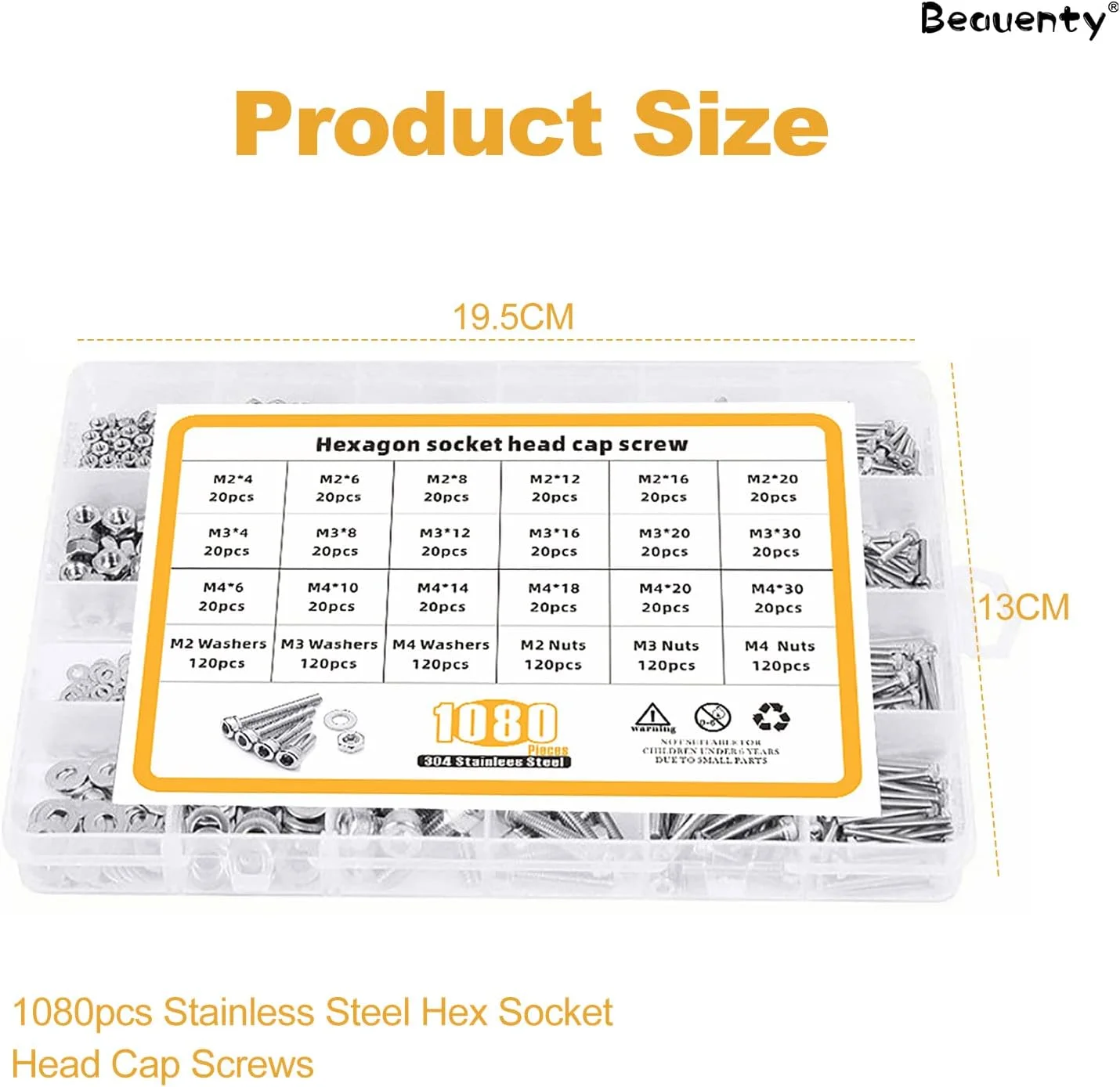 Beauenty 304 Stainless Steel M2 M3 M4,Hex Socket Screws Nuts Spring Washers Kit,for Machine, Electronic, Wood, Household, Communication(1080pcs) Beauenty 304 Stainless Steel M2 M3 M4,Hex Socket Screws Nuts Spring Washers Kit,for Machine, Electronic, Wood, Household, Communication(1080pcs)