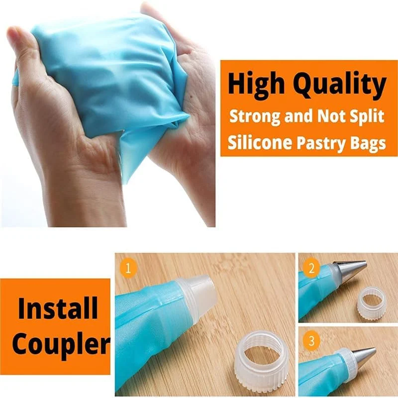 ست 74 عددی کیسه های قیف با سر قیف، کیت قیف یخ زدگی قابل استفاده مجدد برای تهیه شیرینی، کلوچه، کیک، کیسه های شیرینی پزی، مبدل های استاندارد، حلقه های سیلیکونی، لوازم شیرینی پزی مبتدی برای تزئین کیک