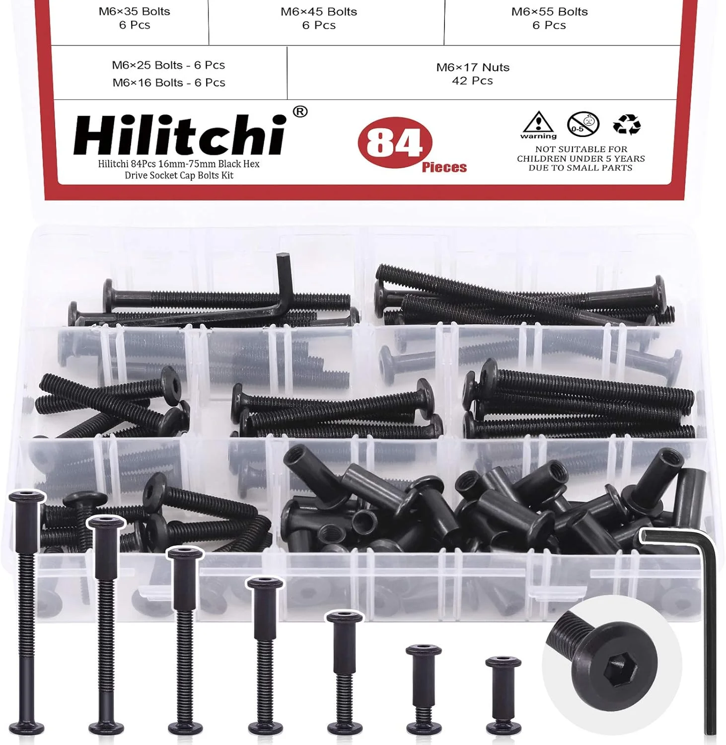 مجموعه 84 عددی پیچ و مهره سوکت M6 Hilitchi با سر خزینه، پیچ‌های استوانه‌ای، مهره‌های بشکه‌ای و پیچ‌های تخت خواب برای اتصالات سخت‌افزاری مبلمان (16/25/35/45/55/65/75 میلی‌متر)