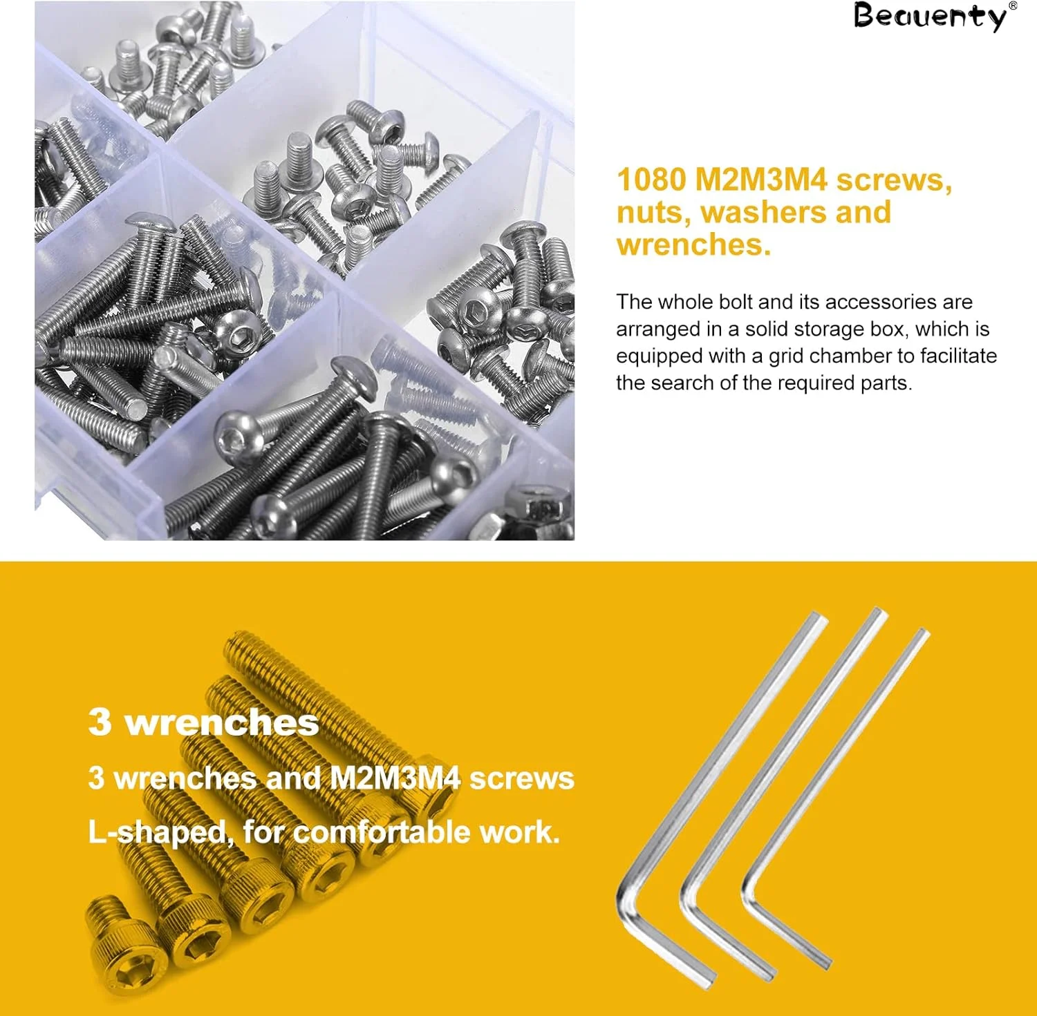 Beauenty 304 Stainless Steel M2 M3 M4,Hex Socket Screws Nuts Spring Washers Kit,for Machine, Electronic, Wood, Household, Communication(1080pcs) Beauenty 304 Stainless Steel M2 M3 M4,Hex Socket Screws Nuts Spring Washers Kit,for Machine, Electronic, Wood, Household, Communication(1080pcs)
