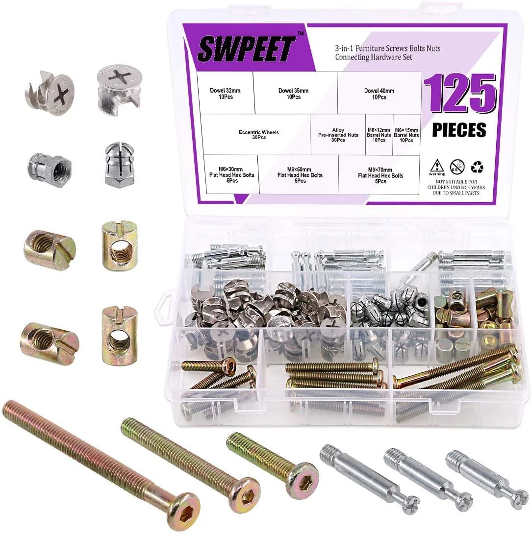 مجموعه اتصالات پیچ و مهره 125 عددی Swpeet 3 در 1 برای اتصال کابینت مبلمان، شامل اتصالات بادامکی با اتصالات غیرعادی مبلمان، اتصال جانبی مبلمان، مهره از پیش نصب شده، پیچ چرخ غیرعادی