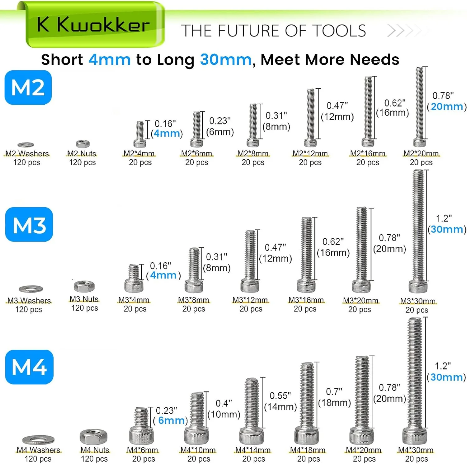 مجموعه پیچ و مهره متریک K Kwokker M2 M3 M4 4MM تا 30MM پیچ های ماشینی سر استوانه ای با سوکت شش گوش، پیچ، مهره و واشر استیل ضد زنگ 304، کیت پیچ و مهره نقره ای مجموعه پیچ و مهره متریک K Kwokker M2 M3 M4 4MM تا 30MM پیچ های ماشینی سر استوانه ای با سوکت شش گوش، پیچ، مهره و واشر استیل ضد زنگ 304، کیت پیچ و مهره نقره ای