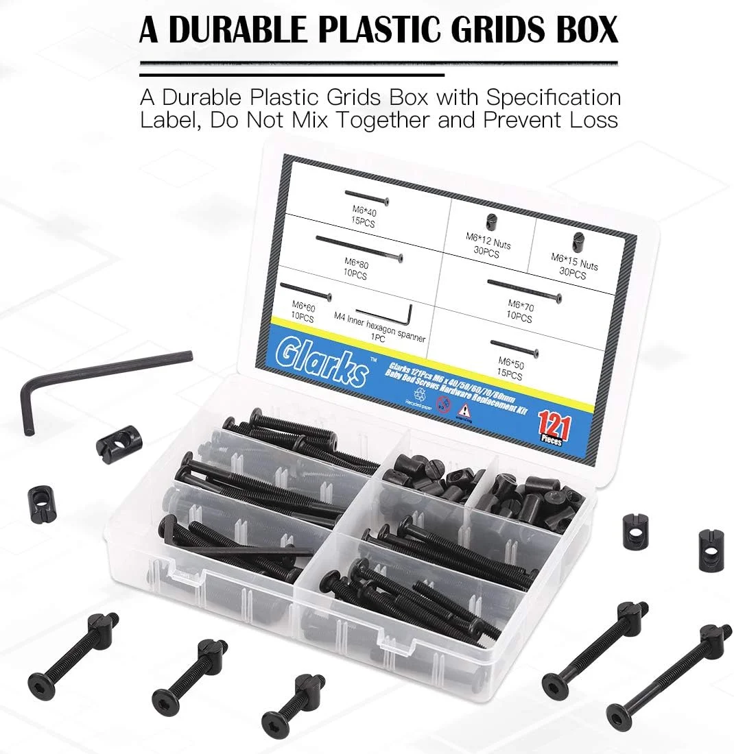 مجموعه 120 عددی پیچ و مهره استوانه ای مشکی M6 با سر استوانه ای و سوکت شش گوش Glarks در اندازه های 40/50/60/70/80 میلی متر برای تخت خواب نوزاد، گهواره و مبلمان مجموعه 120 عددی پیچ و مهره استوانه ای مشکی M6 با سر استوانه ای و سوکت شش گوش Glarks در اندازه های 40/50/60/70/80 میلی متر برای تخت خواب نوزاد، گهواره و مبلمان