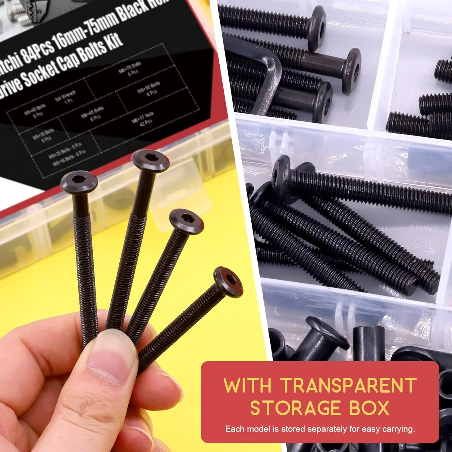 مجموعه 84 عددی پیچ و مهره سوکت M6 Hilitchi با سر خزینه، پیچهای استوانهای، مهرههای بشکهای و پیچهای تخت خواب برای اتصالات سختافزاری مبلمان (16/25/35/45/55/65/75 میلیمتر) مجموعه 84 عددی پیچ و مهره سوکت M6 Hilitchi با سر خزینه، پیچهای استوانهای، مهرههای بشکهای و پیچهای تخت خواب برای اتصالات سختافزاری مبلمان (16/25/35/45/55/65/75 میلیمتر)